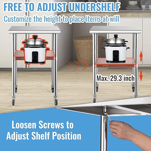 VEVOR Stainless Steel Prep Table, 24 x 24 x 33.5 Inch, 600lbs Load Capacity Heavy Duty Metal Worktable with Adjustable Undershelf & Universal Wheels, Commercial Workstation for Kitchen Garage Backyard