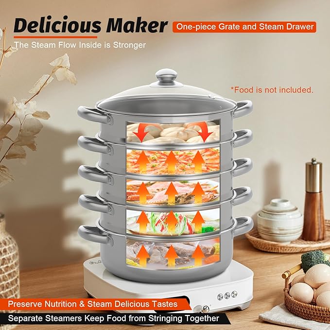 5-Tier Stainless Steel Steamer, 14.37 x 15.55 inch 30cm stainless steamer for cooking overlapping Multi-Functions Domestic Commercial Large Steamer with Transparent Pot Lid & Handles