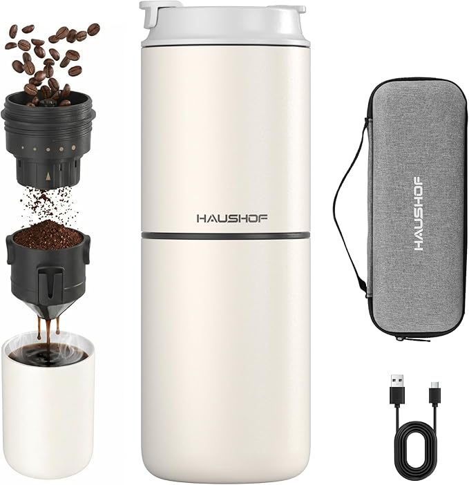 HAUSHOF Portable Coffee Maker, Travel Coffee Maker Battery Operated Small Pour Over Set, Compact Coffee Maker with Electric Grinder & Insulated Mug for Travel, Camping, Car