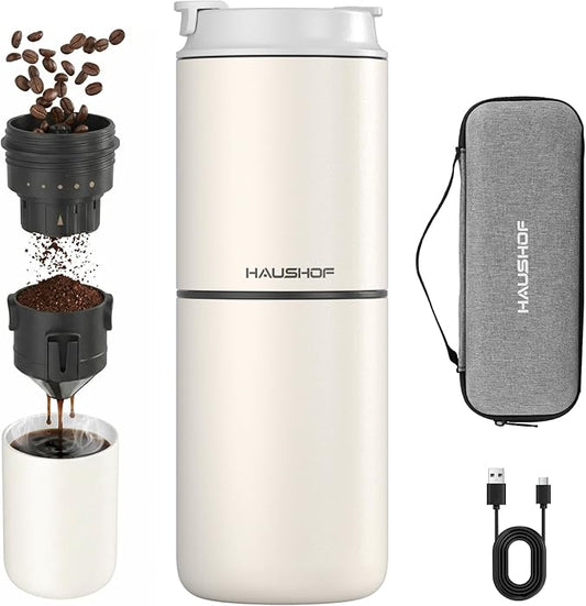 HAUSHOF Portable Coffee Maker, Travel Coffee Maker Battery Operated Small Pour Over Set, Compact Coffee Maker with Electric Grinder & Insulated Mug for Travel, Camping, Car