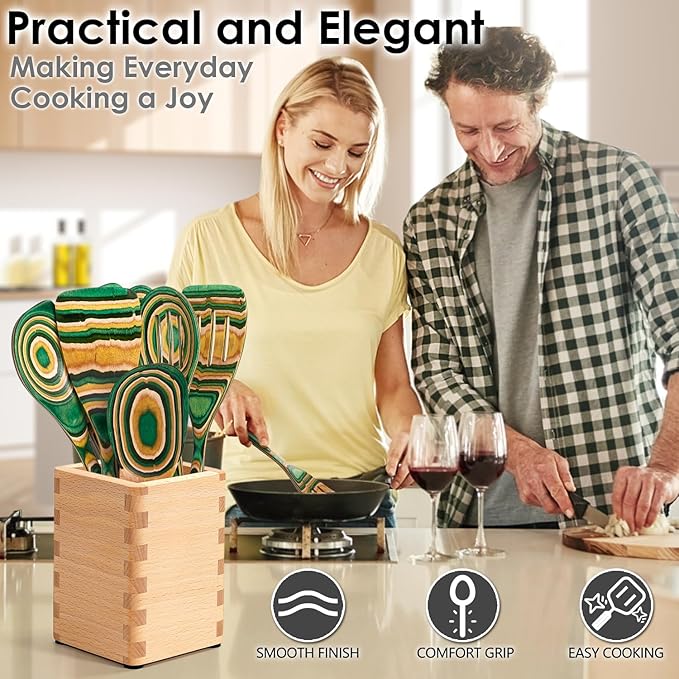 Wooden Spoons for Cooking, Pakkawood Kitchen Utensil Set Oasis Color, Premium Durable Wooden Utensils for Nonstick Cookware, Heat Resistant, Smooth Finish, Comfortable Grip, 7 Piece