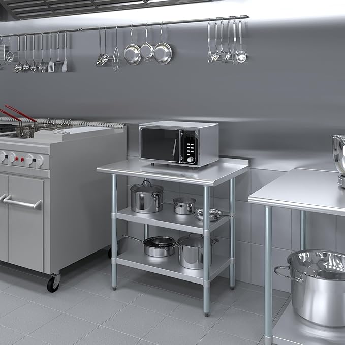 AmGood Stainless Steel Work Table with 1.5" Backsplash and 2 Shelves | Metal Kitchen Food Prep Table | NSF (36" Long x 24" Deep)