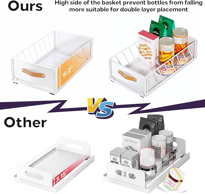 Pull out Cabinet Organizer Fixed with Adhesive Nano Film,Heavy Duty Slide out Pantry Shelves Drawer Storage,Sliding Mesh Cabinet Basket with Handle for Kitchen, Bathroom,Home, 9.8"W X 15.7"D X 6.2"H