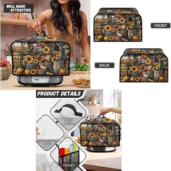 Sunflower Chicken Coop Kitchen Appliance Set,Universal Size Blender Cover, Slow Cooker Cover and Toaster Cover 2 Slice, Waffles Maker Oven Dust Cover Women Christmas Decorations