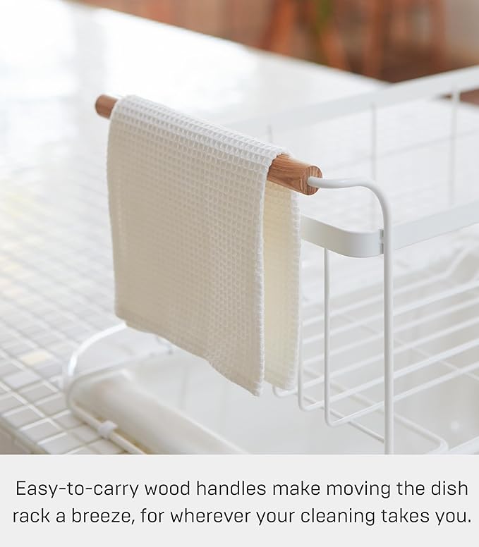YAMAZAKI Home Tosca Over-The-Sink Dish Rack, Expandable, Plate Drying Organizer, with Cutlery Holder - Steel + Wood -