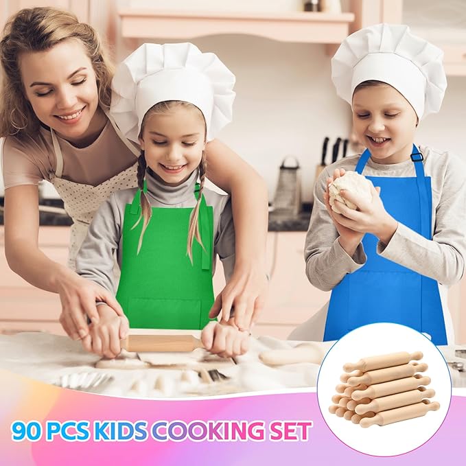 90 Pcs Kids Cooking Set Bulk for Real Food Making Kitchen Baking Tools Supply Fruit Knife Cutting Board Adjustable Children Aprons Egg Beater Spatula Rolling Pin Birthday Christmas Utensils Gift