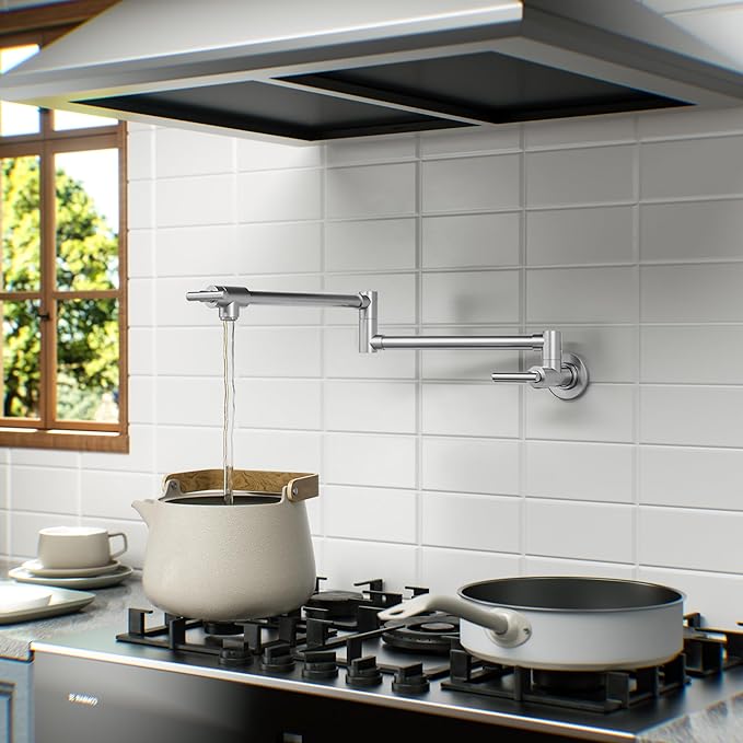 WOWOW Pot Filler Faucet Brushed Nickel, Brass Pot Filler Wall Mount Kitchen Stove Faucet with Double Joint Swing Arms
