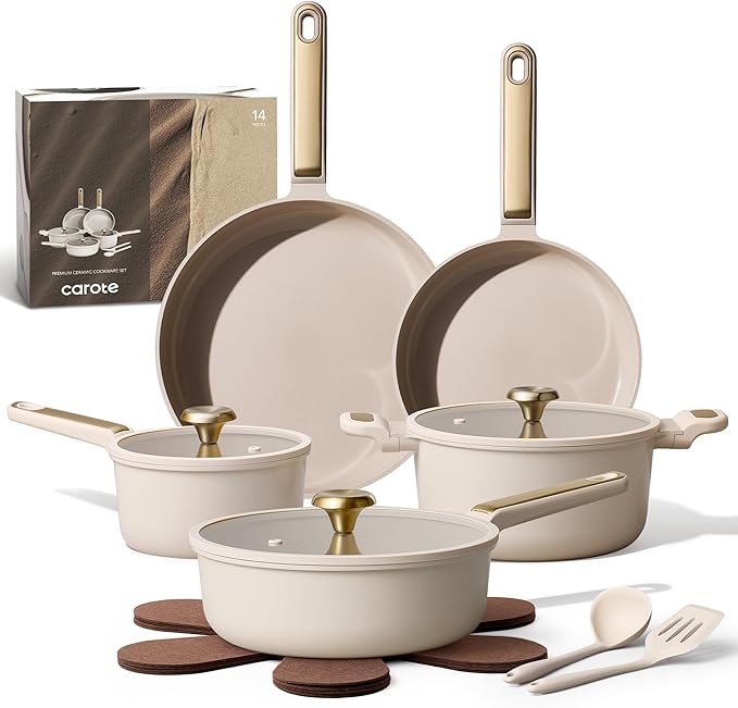 CAROTE Ceramic Cookware Set Nonstick, 14pcs Pots and Pans Set Nonstick, Non-Toxic & PFAS-Free, Dishwasher, RV/Camping Cookware Set, Cooking Pots with Lids, Light Taupe