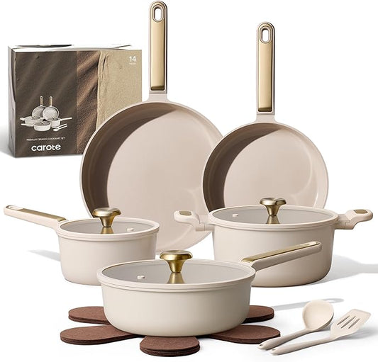 CAROTE Ceramic Cookware Set Nonstick, 14pcs Pots and Pans Set Nonstick, Non-Toxic & PFAS-Free, Dishwasher, RV/Camping Cookware Set, Cooking Pots with Lids, Light Taupe