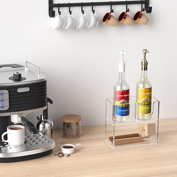 Coffee Condiment and Cup Organizer - 2-Tier Upright Cup and Lid Holder with Straw Organizer 3 Compartments Clear Acrylic Cup Dispenser for Restaurant Breakroom Coffee Station Countertop
