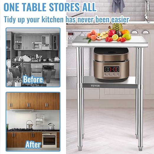 VEVOR Stainless Steel Prep Table, 24 x 18 x 36 Inch, 600lbs Load Capacity Heavy Duty Metal Worktable with Adjustable Undershelf & Feet, Commercial Workstation for Kitchen Restaurant Garage Backyard