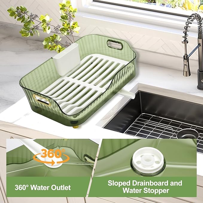 Dish Drying Rack, Plastic Dish Rack, Large Capacity Dish Drainer Rack, Space Saving Plate Drying Rack, Clear Kitchen Draining Rack for Chopsticks Bowl Plate Spoon (Green)