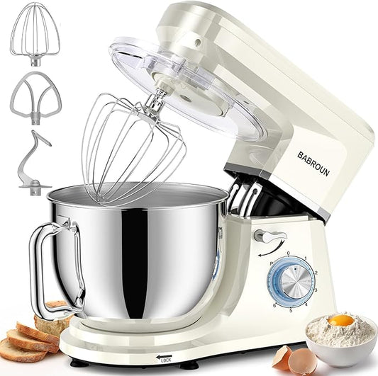 Dough Mixer 8.45 QT Electric Mixer - 660W 6 Speed Large Capacity Kitchen Stand Mixer with Whisk Dough Hook Mixing Beater Household Food Mixer for Baking Cakes Cookie Bread Salad(White)