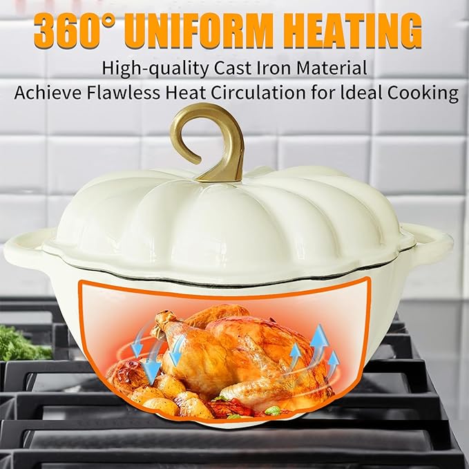Pumpkin Cast Iron Dutch Oven with Lid, 4.5 QT Heavy-Duty Enameled Pot with Dual Handles, Serves 3-5, Oven Safe for Bread Baking, Braising, Cooking and Family Gifts, White