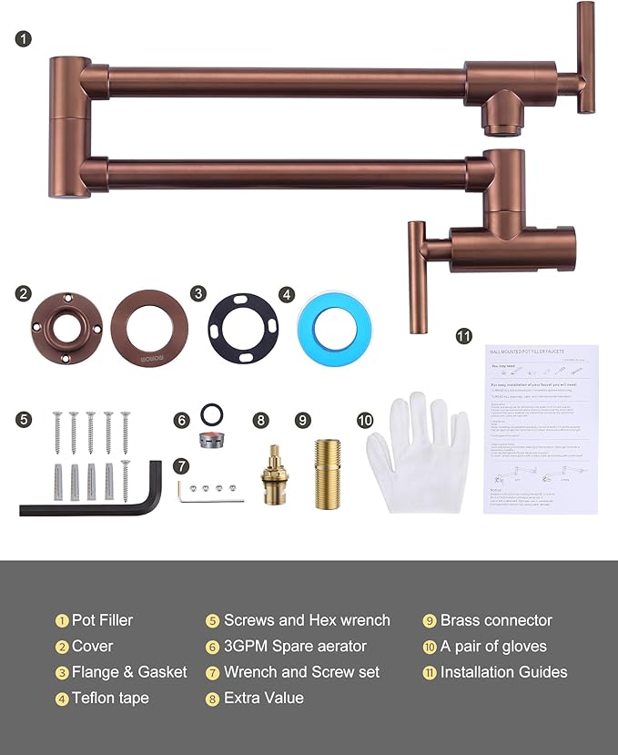 Pot Filler Faucet Rose Gold - WOWOW Solid Brass Pot Filler Wall Mount Kitchen Folding Faucet Over Stove with Double Joint Swing Arms