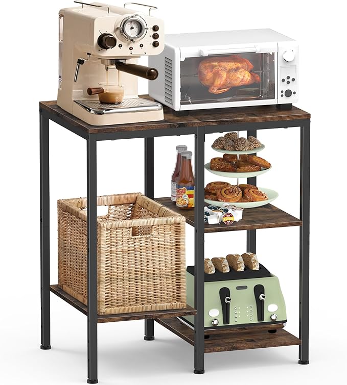 Kitchen Microwave Stand,4-Tier Adjustable Bakers Rack, Microwave Cart with Storage, Small Coffee Bar Table Appliance Shelf for Living Room,Office,Rustic Brown
