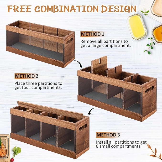 8 Compartments Large Kitchen Utensil Holder Organizer for Counter or Countertop with Absorbing Stone, Extra Large Acacia Rustic Wood Utensil Holder for Storage Cooking and Silverware