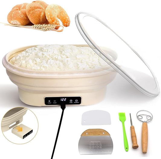 Heating Sourdough Starter Kit, Electric Thermostatic Silicone Bread Proofing Basket Set with 6 Timer & Temp Settings Dishwasher Safe, Foldable Sourdough Starter Bowl, Starter Baking Kit Gift