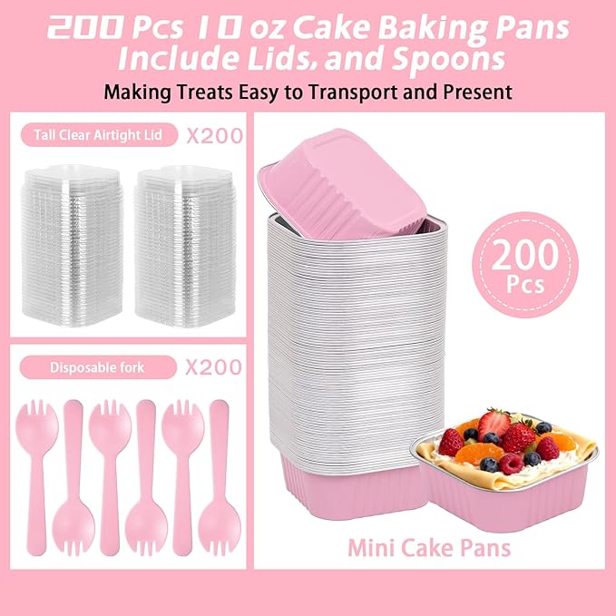 200 Pack 10 oz Pink Square Mini Cake Pans with Lids, Aluminum Foil Square Brownie Baking Cups for Ramekins Muffin Cupcake Wedding Birthday Party