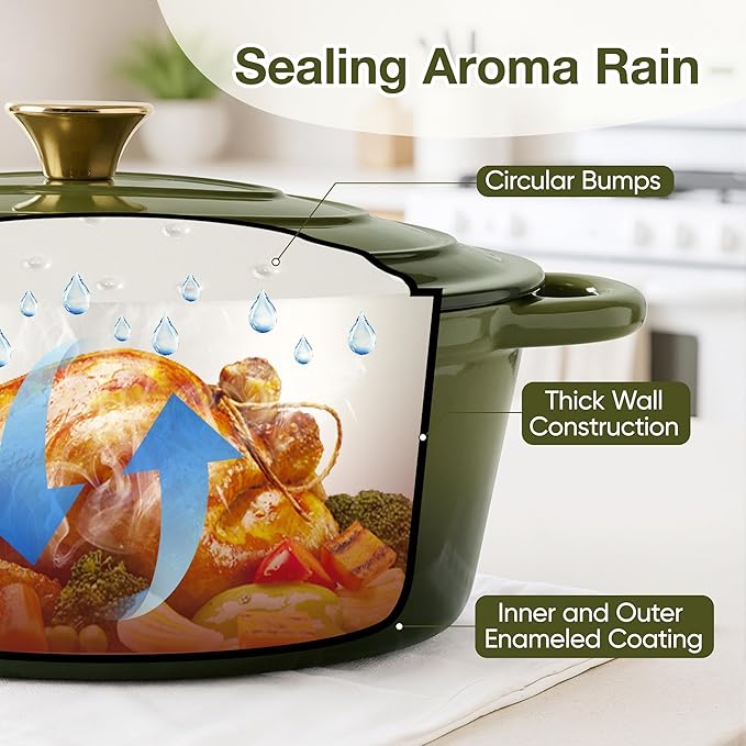 Oval Dutch Oven for Bread Baking, 4.5 Quart Non Stick Enameled Cast Iron Dutch Oven Pot with Lid, Oven Safe Oval Casserole with Lid up to 500°F for Baking, Braising, Stews, Roasting, Golden Green