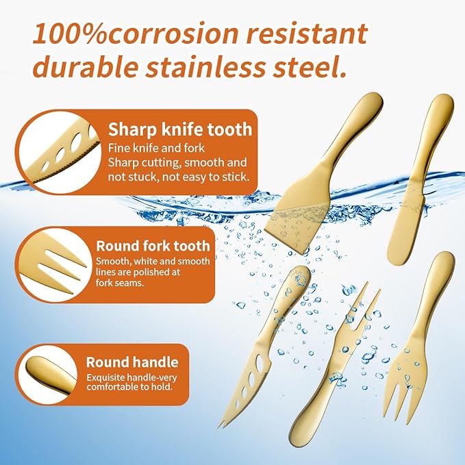 Gold Butter Knives Set 7 Pieces Stainless Steel Kitchen Utensils Gadgets includeButter Knife,Cheese Spreader,Cheese Forks, Cheese Slicer,Cheese Cutter,Cheese Knife,