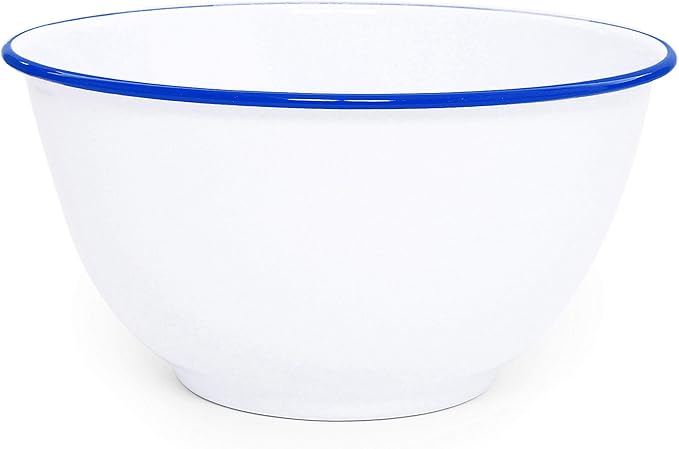 Crow Canyon Home Enamelware Salad Bowl, 5 quart, Vintage White/Blue