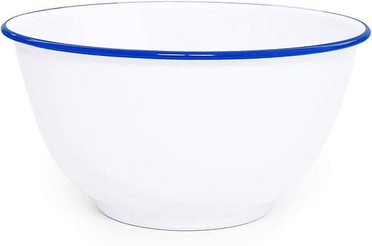 Crow Canyon Home Enamelware Salad Bowl, 5 quart, Vintage White/Blue