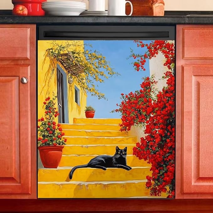 Black Cat Dishwasher Magnet Cover, Mediterranean Yellow Stairs Refrigerator Magnetic Vinyl Sticker for Dishwasher Door, Flowers Decorative Kitchen Appliance Panel Decal, 23Wx26H Inches