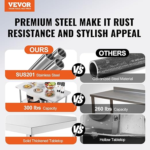 VEVOR Stainless Steel Foldable Work Table, 48 * 24 Inch Heavy Duty Food Outdoor Double Layer Stainless Steel Worktable for Commercial Kitchen Restaurant