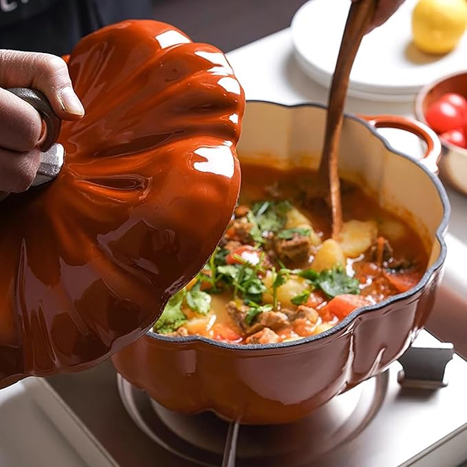 Pumpkin Cocotte,Pumpkin Dutch Oven Pot with Lid,Enamel Cast Iron Cooking Pot,Non Stick Pumpkin Pot,Stew Pot Soup Pot,Serves 3-5,Halloween Thanksgiving Decor Pot Gift(3.9 Quart, Orange)