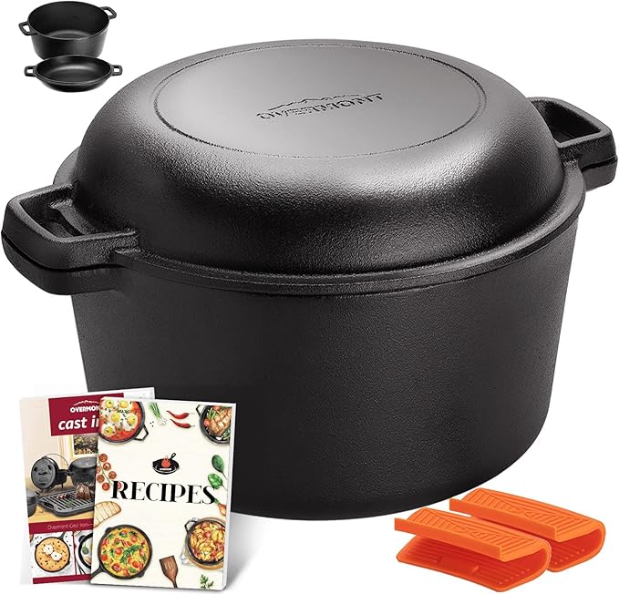 Overmont 2-in-1 Cast Iron Dutch Oven - 5QT Pre-Seasoned All-in-One Casserole Braising Pan with Skillet Lid Cookbook & Silicone Handle Covers - Heavy Duty Oven-Safe Pot for Bread Baking Frying Camping