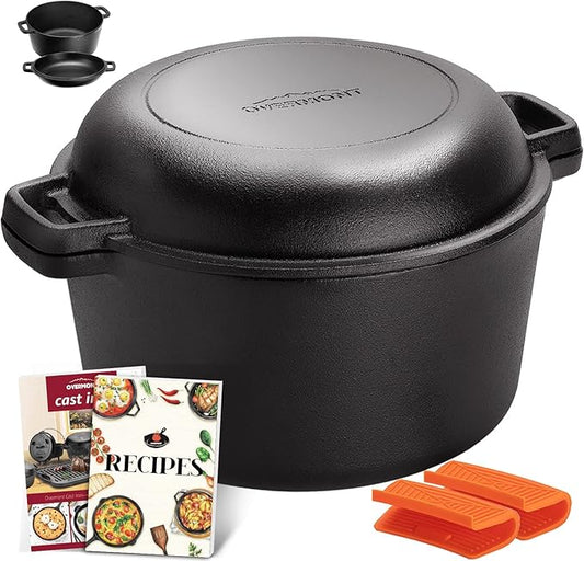 Overmont 2-in-1 Cast Iron Dutch Oven - 5QT Pre-Seasoned All-in-One Casserole Braising Pan with Skillet Lid Cookbook & Silicone Handle Covers - Heavy Duty Oven-Safe Pot for Bread Baking Frying Camping