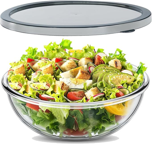 6.2QT Large Glass Mixing Bowl with Lid, Clear Glass Salad Cooking Bowls for Sourdough, Salad and Storage Prepping and Baking Food Storage Set