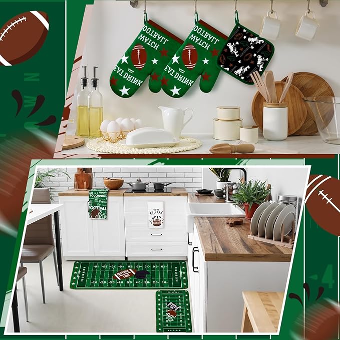10 Pcs Football Kitchen Decor Oven Mitts and Pot Holders Sets Football Dish Towels Pot Holders Sports Kitchen Rugs and Mats for Women Reusable Cooking Grilling Accessories Mom Gift