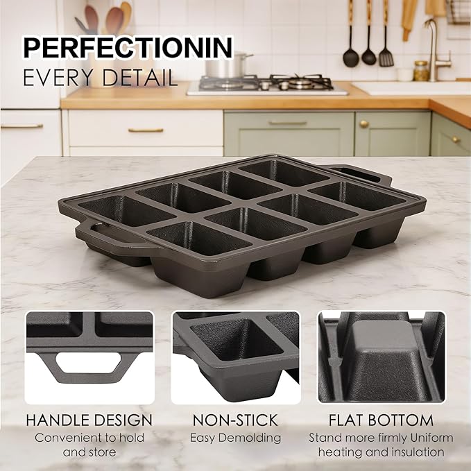 2pack Cast Iron Mini Loaf Pans 8-Cavity Bread Loaf Pans Pre-Seasoned Baking Pan Molds with Handle Bread Pans for Homemade Bread