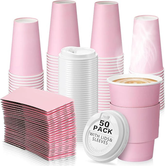 Tioncy 50 Set 16 oz Disposable Coffee Cups with Lids and Sleeves Set Insulated Disposable Hot Travel Paper Cups for Hot Chocolate Cocoa Coffee Tea Cafes Travel Bar Supplies, Leak Proof, Pink