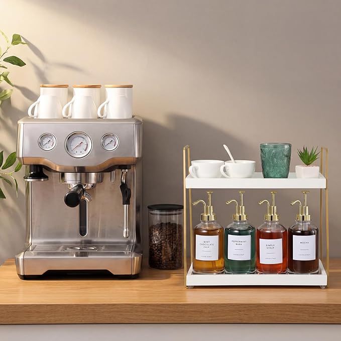 Leinuosen Coffee Bar Accessories, 2 Tier Wooden Cup Organizer Station and 4 Coffee Syrup Dispenser, 16.9 oz 500ml Glass Syrup Dispenser with 36 Labels and 1 Silicone Funnel