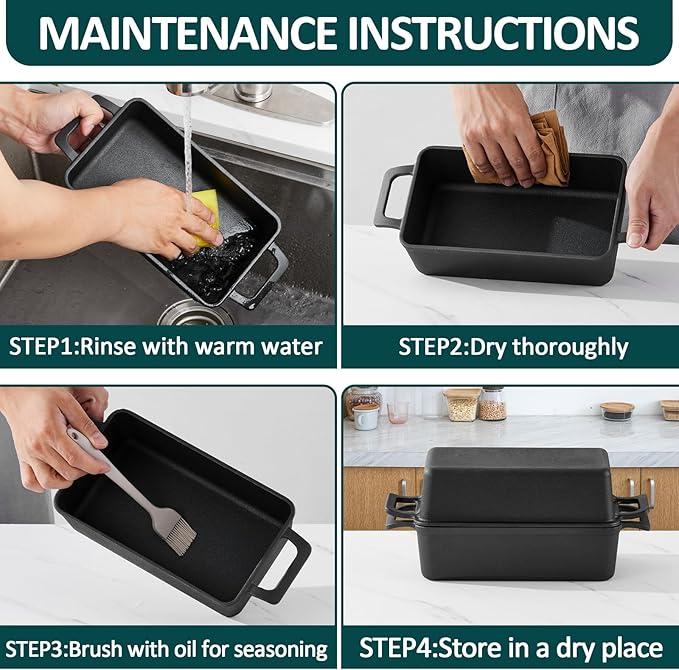 Leonyo 2 Piece Cast Iron Bread Pan, 9 x 5 inch Cast Iron Loaf Pan with Lid, 2-in-1 Pre-seasoned Loaf Dutch Oven for Baking Homemade Sourdough Bread, Pound Cake, Up to 500℉ & Oven Safe - Black