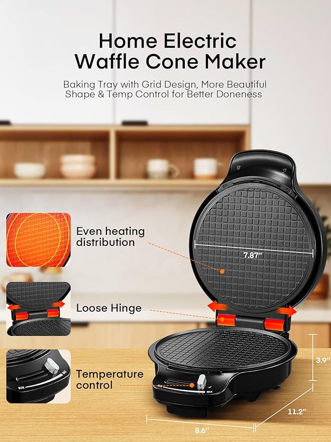 FOHERE Waffle Cone Maker Machine and Ice Cream Bowl Maker with Temperature Control, Double Side Nonstick Waffle Bowl Maker with Cone Roller, 7.5” Thin Waffle Maker for Home Kitchen (Black)