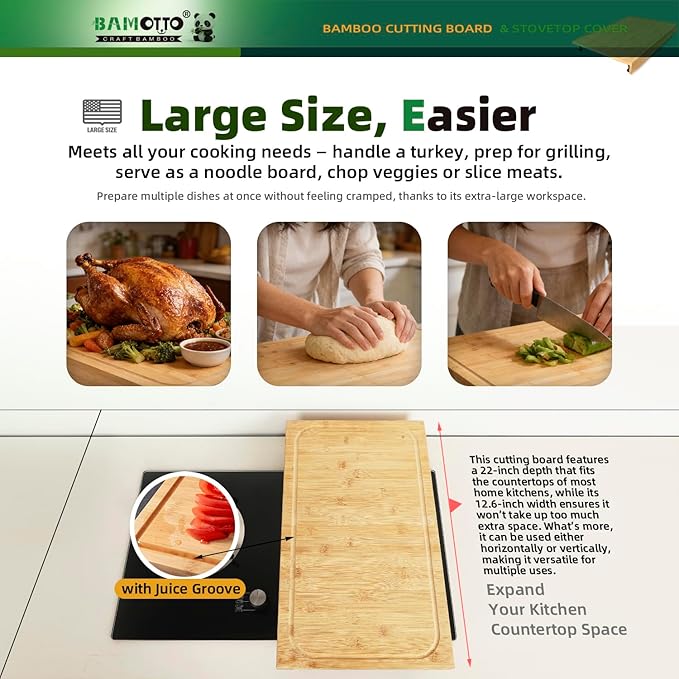 12.6 x 22 Inch Bamboo Cutting Board, Over-the-Sink and Stovetop Cover Board with Detachable Legs & Front Lip, Space Saving Countertop Board