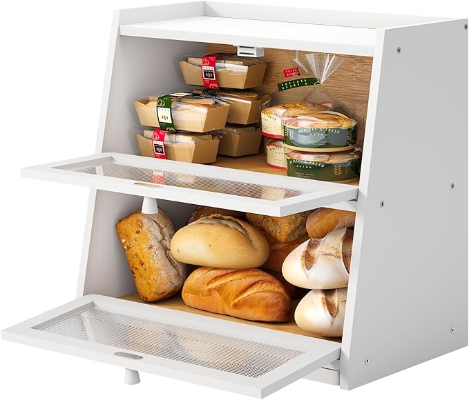 White Bread Box for Kitchen Counter With Cutting Board, 2-Tier Bread Box, Bamboo Wood Large Capacity Bread Storage Bin with Acrylic Wavy Door Panel