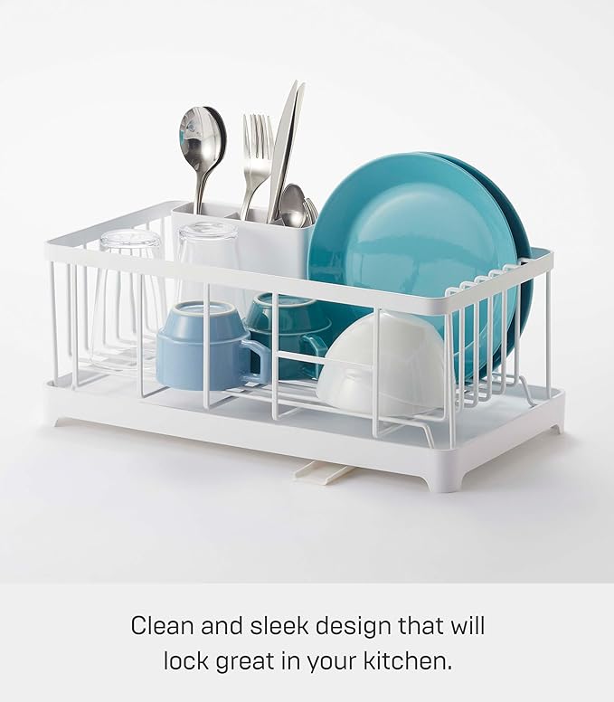 YAMAZAKI Home Tower Wire Dish Drainer Rack with Removable Drainer Tray with Drainage Spout, Utensils Holder - Steel -
