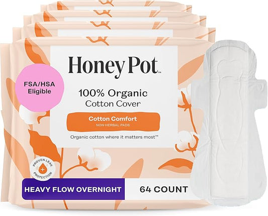 The Honey Pot Company - 64ct - Sanitary Pads for Women - Non-Herbal Heavy Overnight w/Wings - Organic Cotton Cover & Ultra-Absorbent Pulp Core - Feminine Care