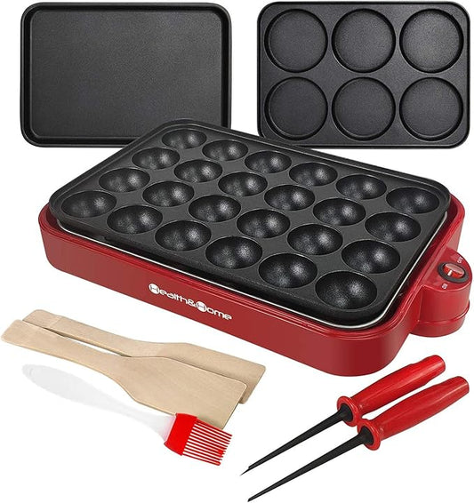 Multifunction Nonstick Baking Maker with 3 Interchangeable Baking Plates for Fried Eggs, Fried Steak, Takoyaki, Cake Pops, Grill Maker, RED-1