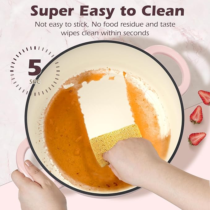 Umite Chef Enameled Cast Iron Dutch Oven-7QT Pot with Lid Cookbook & Cotton, Heavy-Duty Cookware for for Bread Baking, Braising, Stews, Marinate, Cook(Pink)