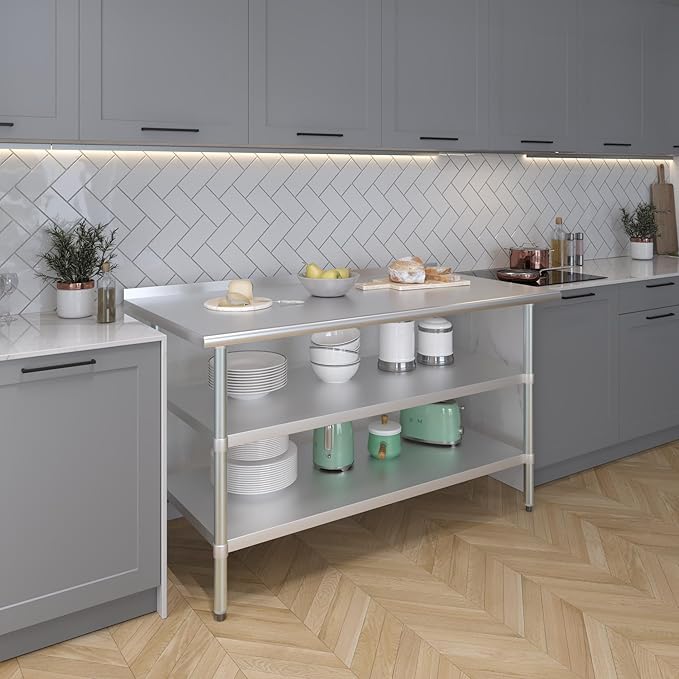 AmGood Stainless Steel Work Table with 1.5" Backsplash and 2 Shelves | Metal Kitchen Food Prep Table | NSF (60" Long x 30" Deep)