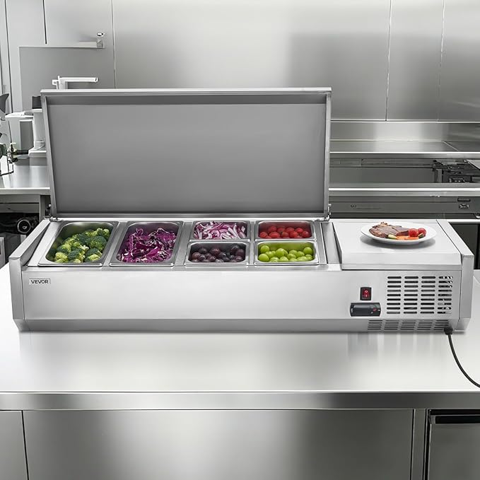VEVOR Refrigerated Condiment Prep Station, 130 W Countertop Refrigerated Condiment Station, with Two 1/3 Pans & Four 1/6 Pans, 304 Stainless Body and PC Lid, Sandwich Prep Table with Stainless Guard