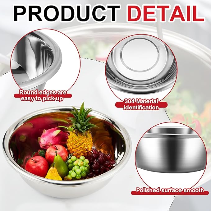 2 Pack Large Mixing Bowl 20 Qt Oversized All Purpose 304 Stainless Steel Polished Mirror Flat Base Metal Bowl for Home or Commercial Prepping Baking Mixing Marinating