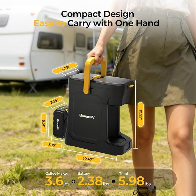 BougeRV Coffee Machine with 18V 8Ah Battery Powered Compatible with K Cup Coffee Pods & Ground, Cordless Coffee Maker for Travel Camping Outdoor Worker Home