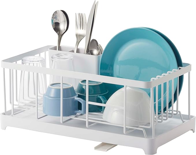 YAMAZAKI Home Tower Wire Dish Drainer Rack with Removable Drainer Tray with Drainage Spout, Utensils Holder - Steel -